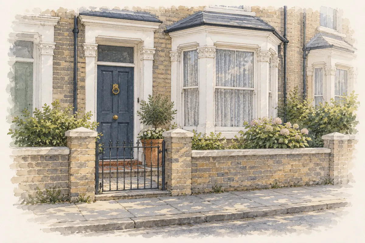 The front door of a terraced house on a quiet street